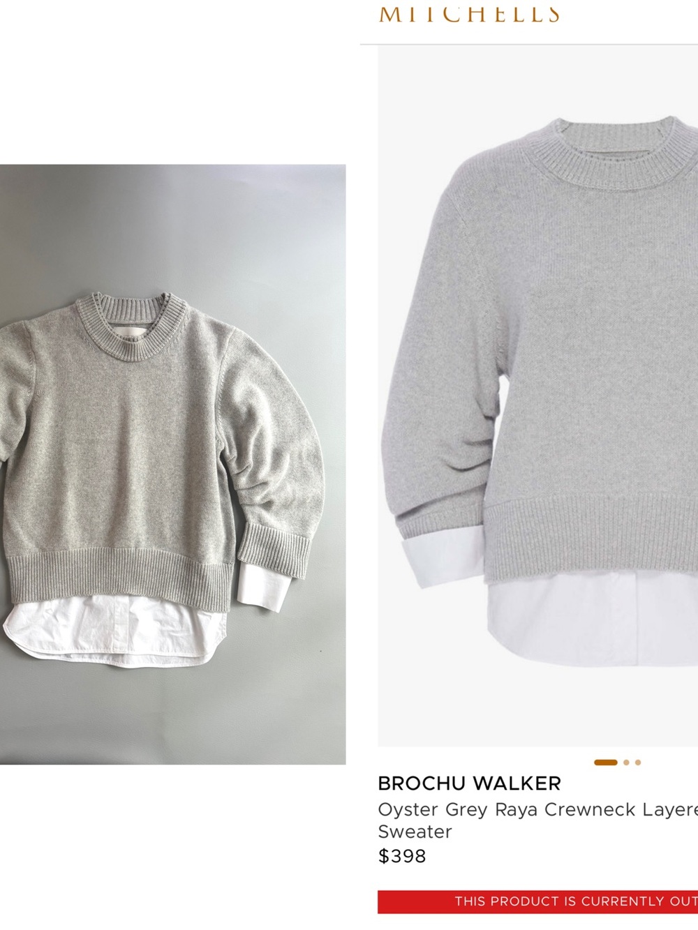 Brochu Walker Oyster Grey Raya Crewneck Layered Looker Sweater MEDIUM - Stains